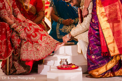 Indian groom putting ring on bride's toe. Indian groom putting ring on bride's toe.