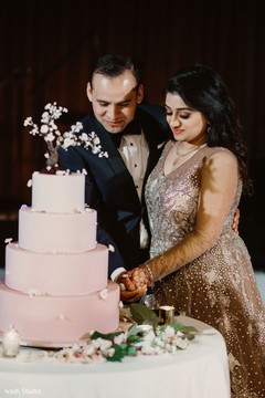 Indian newlyweds cutting the cake scene Indian newlyweds cutting the cake scene
