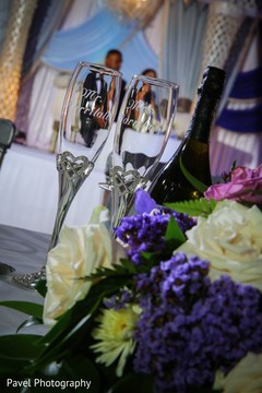 Indian couple's reception champagne personalized flutes. Indian couple's reception champagne personalized flutes.