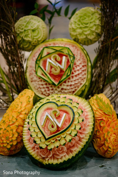 Amazing fruit decor with indian bride and groom initials Amazing fruit decor with indian bride and groom initials
