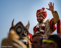 Indian groom with white baraat horse Indian groom with white baraat horse
