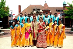 Indian love birds posing with Indian brides and groomsmen. Indian love birds posing with Indian brides and groomsmen.