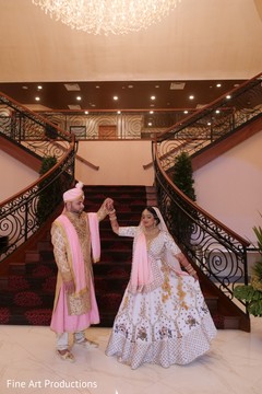 Indian bride and Indian groom first look scene. Indian bride and Indian groom first look scene.