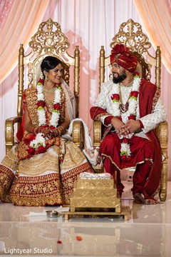 Portrait of the Indian newlyweds at the ceremony venue. Portrait of the Indian newlyweds at the ceremony venue.