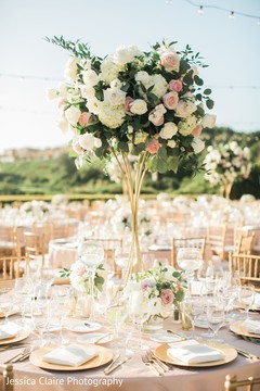 Indian wedding table white, green and pink flowers decoration. Indian wedding table white, green and pink flowers decoration.