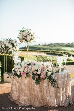 Indian wedding gold table cloth decor.