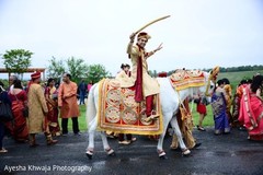 Indian groom on his white horse dresses on golden and red. Indian groom on his white horse dresses on golden and red.