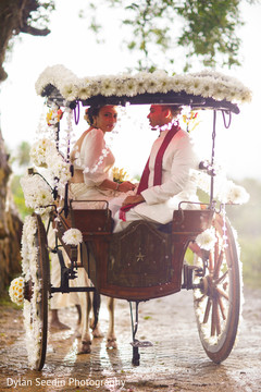 Indian bride and groom looking at the camera while on the carriage. Indian bride and groom looking at the camera while on the carriage.