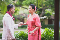 Indian bride and groom having their first look. Indian bride and groom having their first look.