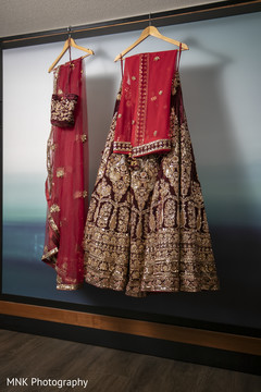 Golden and dark red lehenga for bridal ceremony. Golden and dark red lehenga for bridal ceremony.