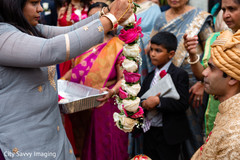 Indian groom getting the garland during milni rituals. Indian groom getting the garland during milni rituals.
