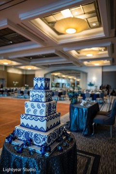 White and blue Indian chinese wedding reception cake. White and blue Indian chinese wedding reception cake.