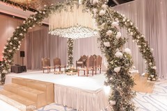 Indian wedding ceremony white, green and golden mandap. Indian wedding ceremony white, green and golden mandap.