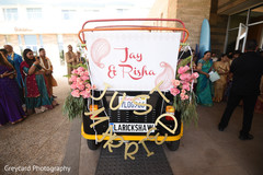 Cart decorated with flowers and the name of the Indian couple. Cart decorated with flowers and the name of the Indian couple.
