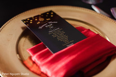 reception dinner menu on golden plate. reception dinner menu on golden plate.