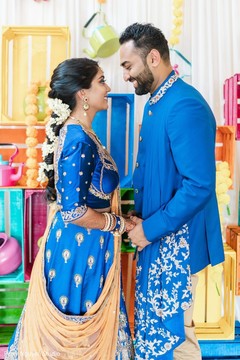 Maharani and her Indian groom in sangeet clothes. Maharani and her Indian groom in sangeet clothes.