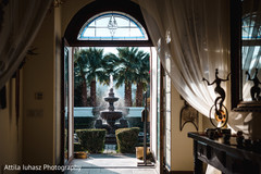 The inside view from one of the rooms towards a fountain. The inside view from one of the rooms towards a fountain.