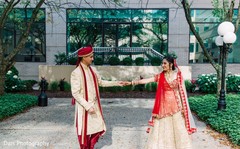 Indian bride and groom at their first look photo shoot. Indian bride and groom at their first look photo shoot.