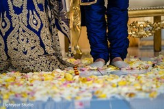 Indian couple standing on yellow, white and pink rose petals. Indian couple standing on yellow, white and pink rose petals.