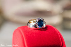 White gold wedding bands and bridal blue stone engagement ring. White gold wedding bands and bridal blue stone engagement ring.