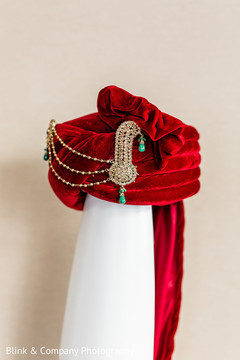 Indian grooms red velvet turban with kilani. Indian grooms red velvet turban with kilani.
