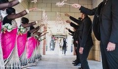 Indian bridesmaids and groomsmen waiting for couple outdoors. Indian bridesmaids and groomsmen waiting for couple outdoors.