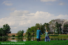Indian couple holding hands near a pond Indian couple holding hands near a pond
