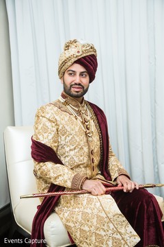 Indian groom's portrait on his wedding ceremony outfit. Indian groom's portrait on his wedding ceremony outfit.