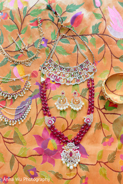 Indian bridal white pearls and pink ceremony jewelry set. Indian bridal white pearls and pink ceremony jewelry set.