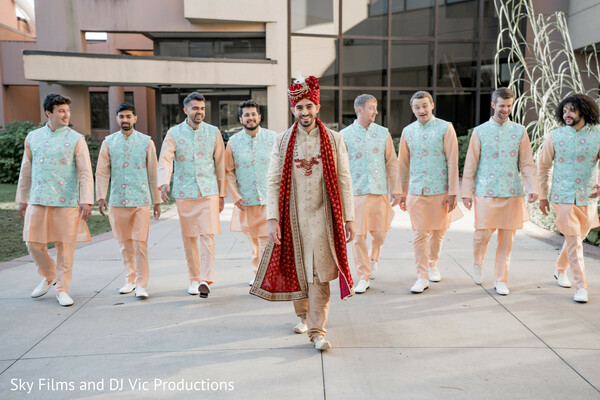 stylish groomsmen,cultural traditions,wedding photoshoot,wedding entrance,south asian wedding,groom’s squad
