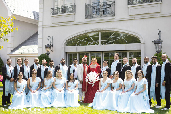 bridal party,wedding squad,wedding color coordination,south asian wedding,blue and red theme