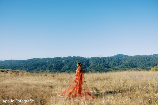 wide bridal landscape,nature wedding shot,indian bride in red,outdoor bridal beauty,bridal elegance