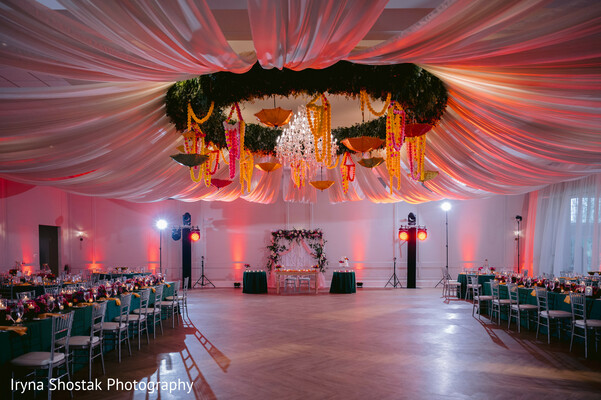 grand reception room,indian wedding decor,hanging umbrellas,chandelier centerpiece