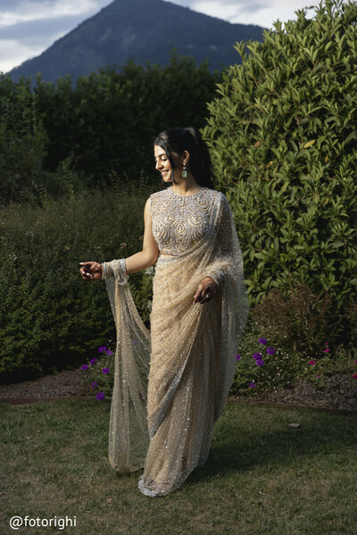 outdoor bridal portrait,golden saree bride,south asian fashion,destination wedding look,luxury bridal wear
