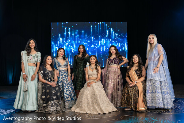 bridesmaids,wedding party,stage portrait,lehengas,indian fashion,wedding celebration