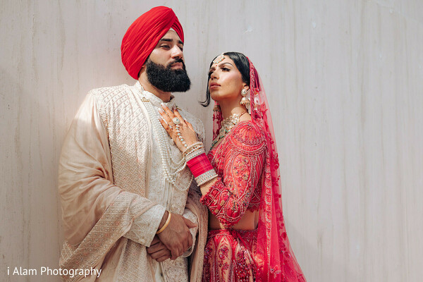 couple intimate moment,bridal veil details,groom in turban,indian wedding romance,wedding close-up,hands intertwined photo,red bridal outfit,sweet couple photo,eye contact love,sikh love story