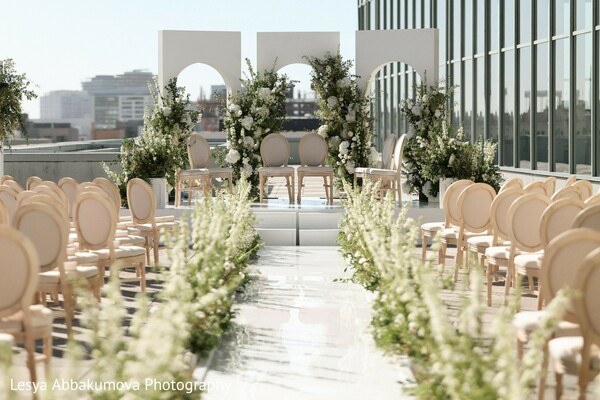 modern mandap,rooftop ceremony,south asian ceremony decor,white florals,luxury wedding decor,mandap inspiration