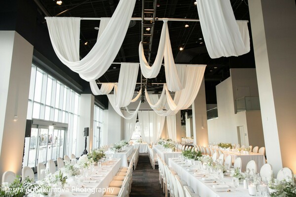 reception decor,white draping,luxury wedding design,south asian reception,banquet tables,modern wedding decor