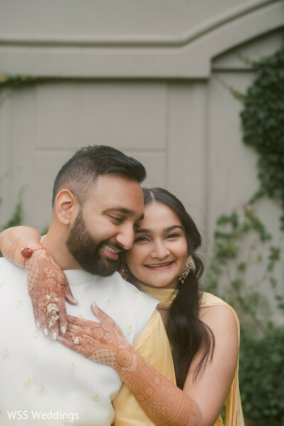 south asian couple,haldi-inspired look,prewedding joy,candid couple moment,indian wedding celebrations,bridal mehndi,groom portrait,pastel wedding outfits,desi wedding photography