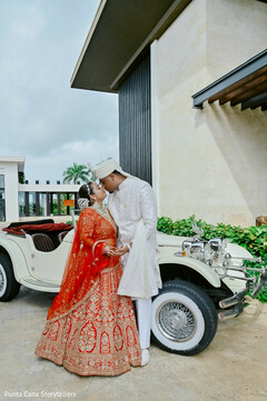 Romantic Newlywed Portrait by the Vintage Car