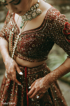 Intricate Bridal Details in Red Lehenga