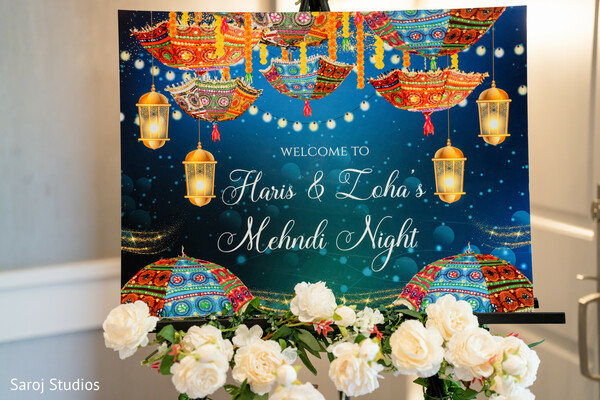 mehndi decor,welcome sign,south asian wedding details,mehndi night styling,colorful wedding signage,cultural wedding decor,indian wedding aesthetics,lantern decor,festive wedding theme,event branding