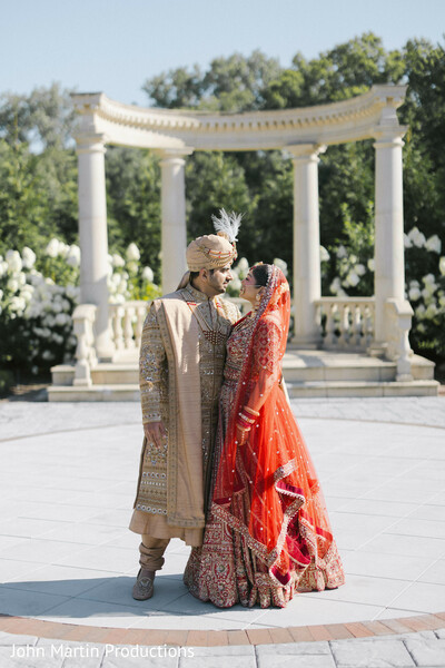 outdoor wedding portrait,romantic couple pose,indian bride red veil,groom sherwani portrait,garden wedding setting,luxury wedding photography,south asian wedding couple,destination wedding vibes,romantic wedding moment,elegant couple styling