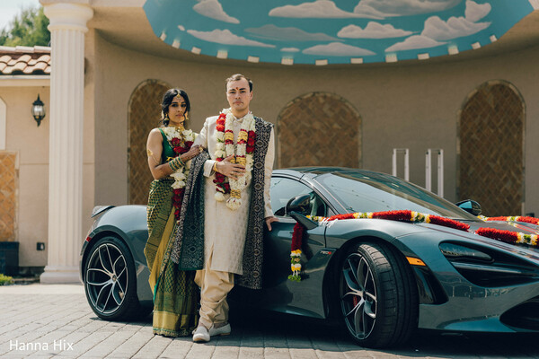 luxury wedding car,indian couple portrait,modern wedding style,groom sherwani fashion,bride green saree,sports car wedding,fusion wedding vibes,stylish wedding shoot,luxury wedding aesthetic,contemporary indian wedding