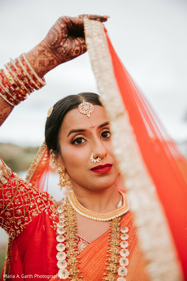 bridal portrait close up,red dupatta veil,indian bride makeup,bridal jewelry detail,nose ring nath bride,mehndi hands detail,saree bridal look,traditional indian bride,elegant bridal pose,wedding beauty shot