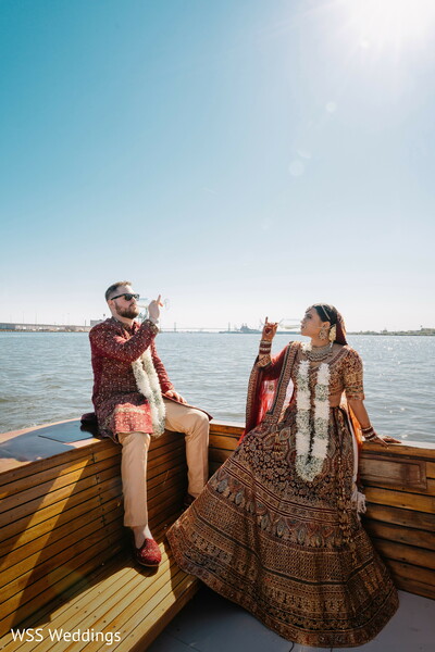 boat portraits,waterfront wedding,newlyweds,destination wedding,bride and groom,wedding fashion,candid moments,luxury wedding,outdoor portraits,romantic adventure