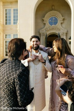 Groom in Cream Sherwani with Family