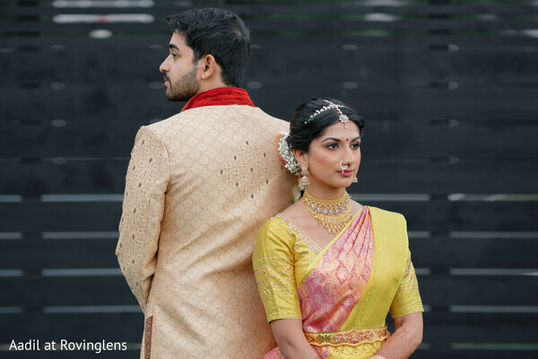 couple portraits,bride and groom,silk saree,sherwani,editorial portrait,traditional attire,south indian wedding,wedding fashion,newlyweds,romantic portrait