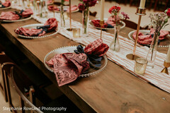 Rustic Wedding Table Setting with Burgundy and Gold Decor