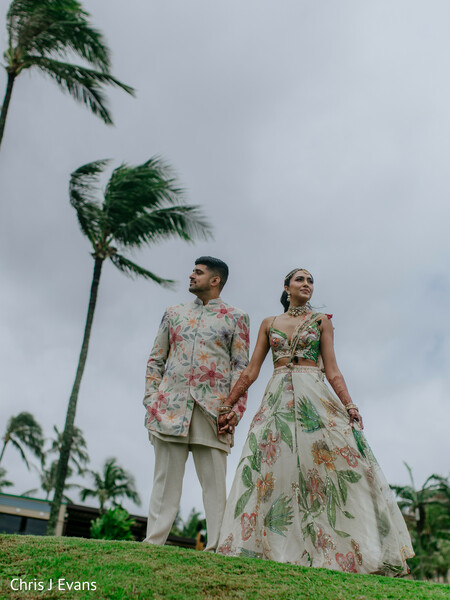 destination wedding,palm trees,tropical portraits,couple portraits,floral lehenga,floral sherwani,outdoor wedding,editorial portrait,beach destination,south asian wedding